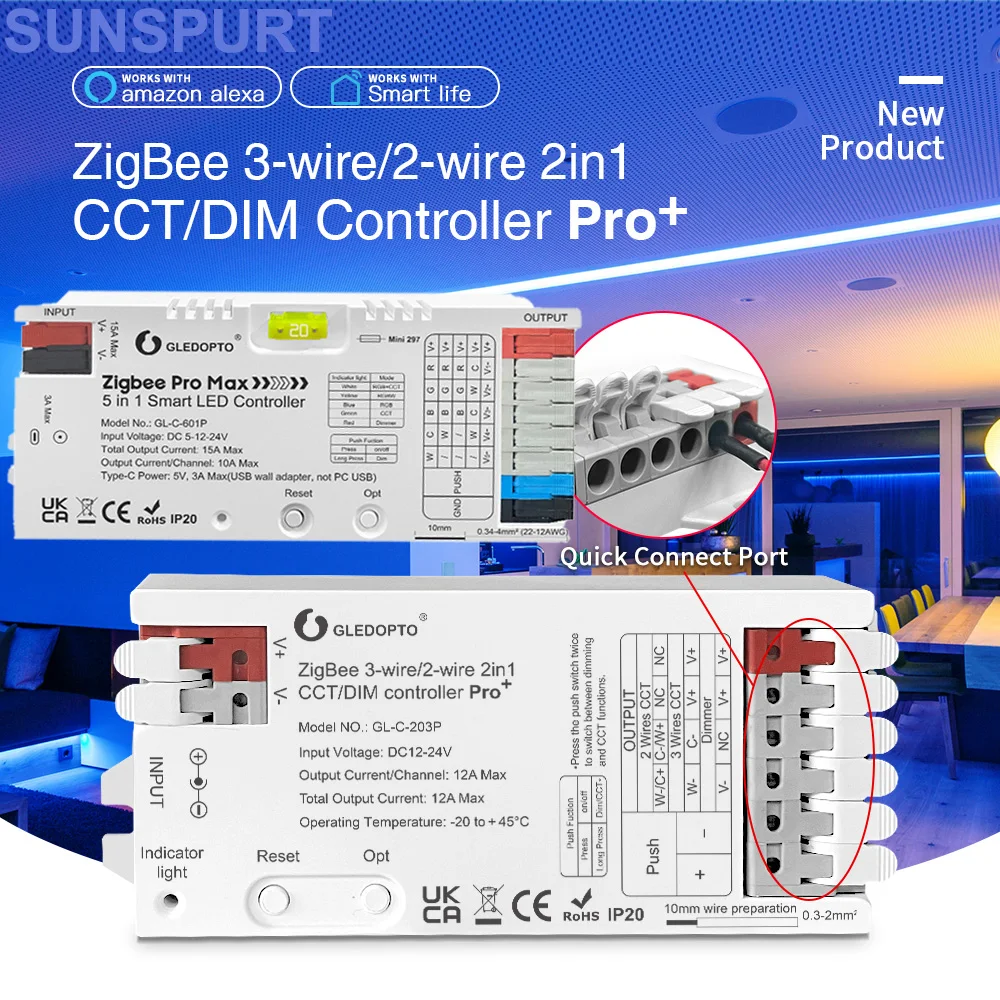 1-10P 5 in 1 Controller Tuya Zigbee Smart LED Dimmer 2.4G RC Support Alexa Google Assistant for 12V 24V CCT RGB RGBCCT COB Strip
