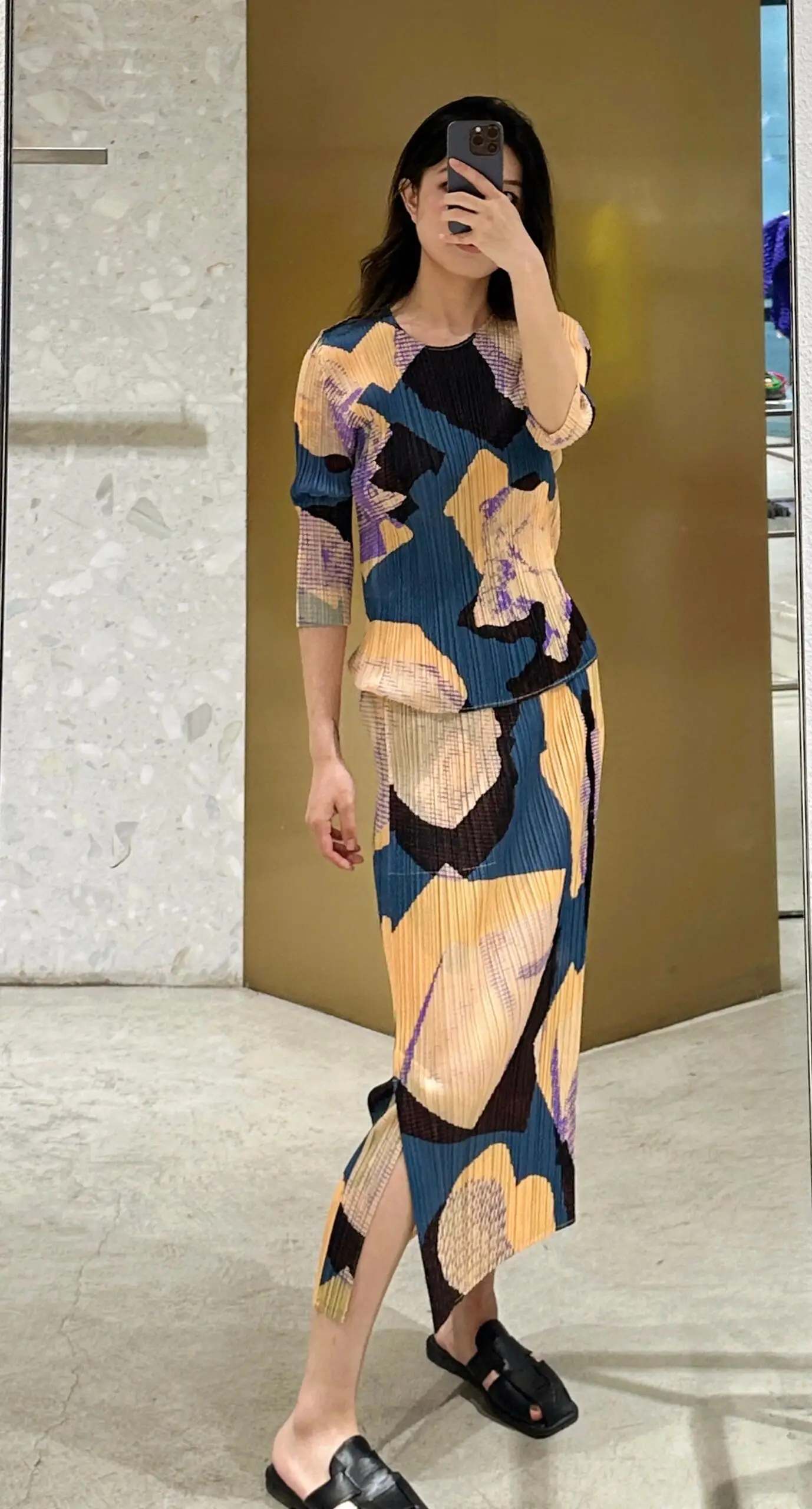 

Miyake Pleated Printed Set Skirt 2025 Spring and Summer New Loose Thin Top + Printed Half Skirt Suit