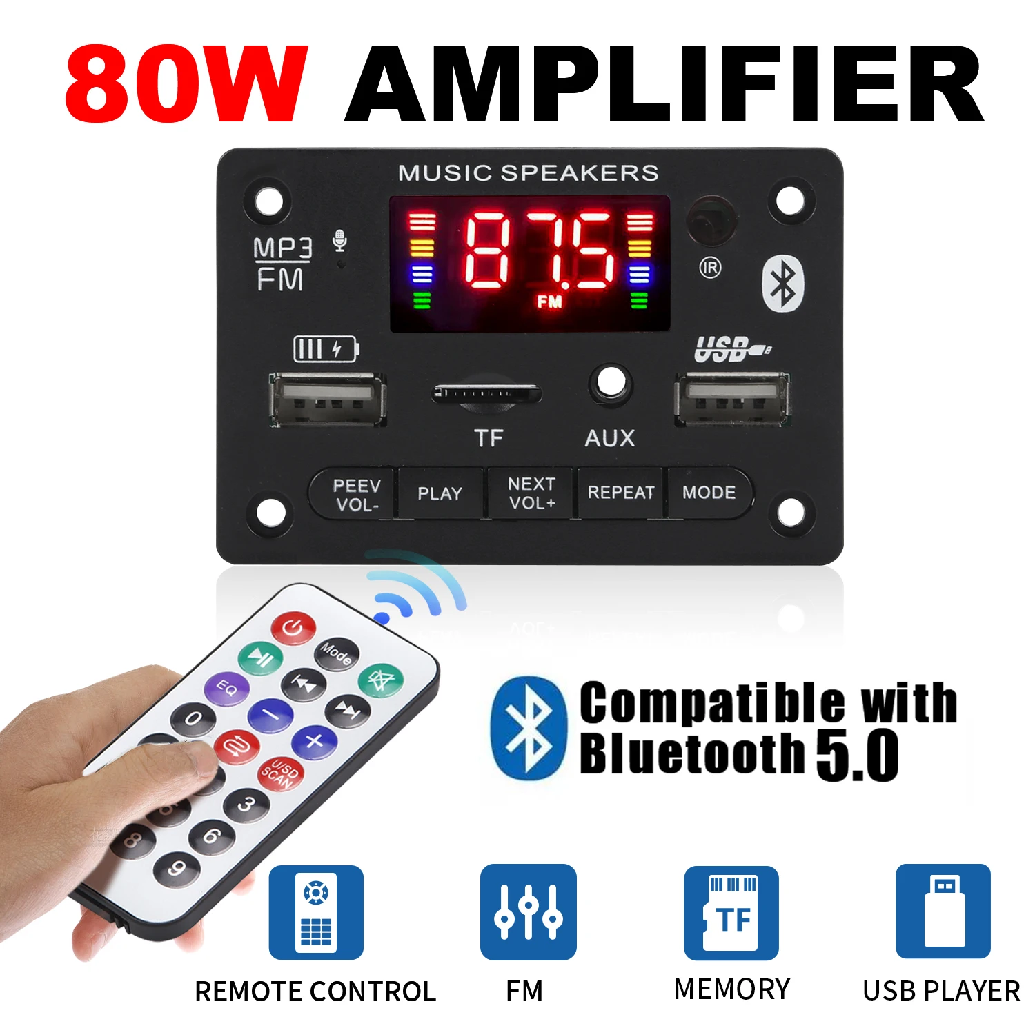 5V-24V 80W Amplifier MP3 Decoder Board Bluetooth 5.0 Wireless Audio Module Big Color Screen Call Recording TF FM Radio For Car