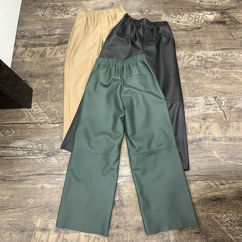 High Quality Sheepskin Elastic Waist Wide Leg Pants Women 2024 Fall Winter Casual Loose Female Straight Real Leather Trousers