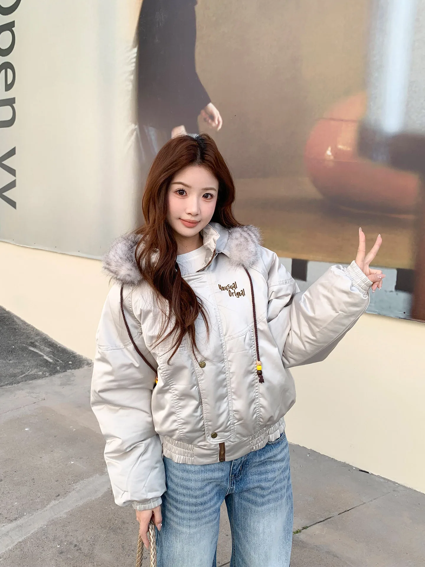 

Women's Retro Hooded Parka Coat with Fur Collar Orange Tree Where Cotton Jaet Warm Winter Loose Fit Korean Sle Commute