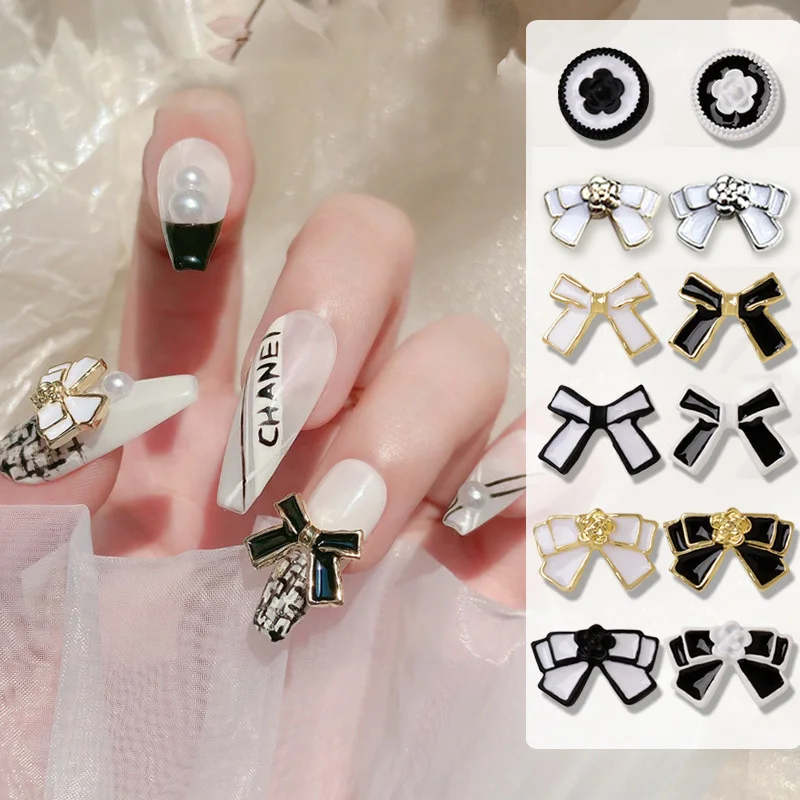 12 PCs Simple Senior Black and White Color Bow Delicate Small Fragrance Nail Ornaments