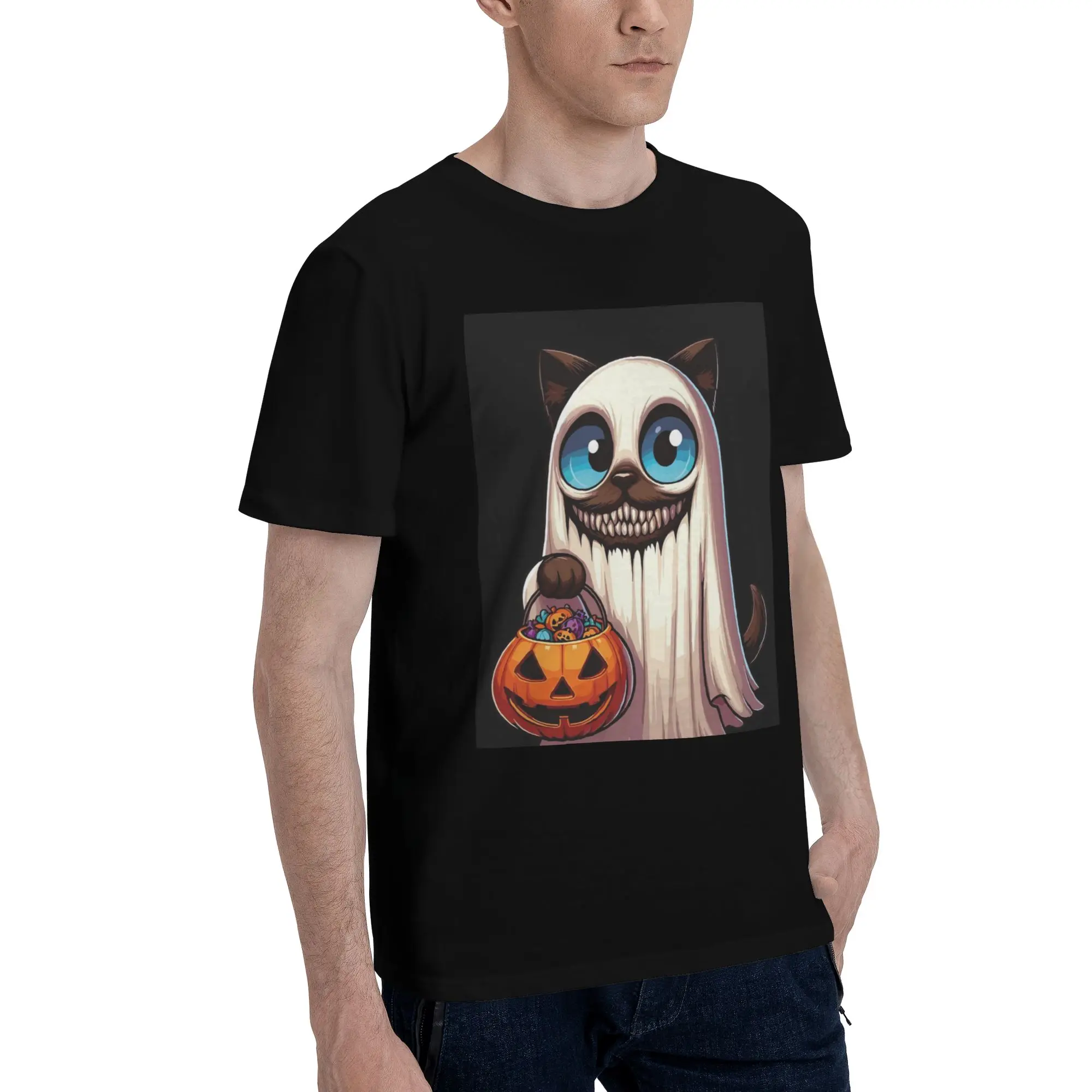 

Siamese Cat Scary Halloween Ghost Spooky Pumpkin Candy Men T-Shirt Plus Size T Shirts Men's O-Neck Cotton Tees Short Summer Male