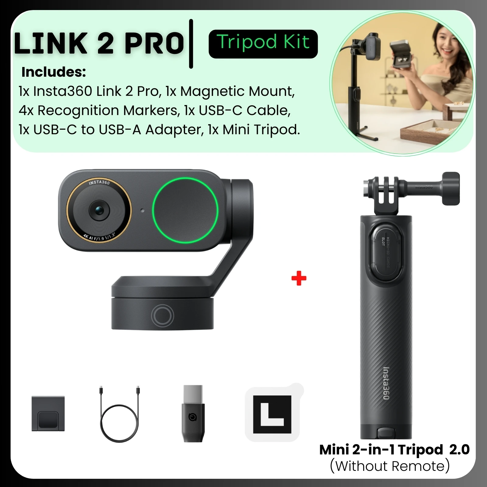Insta360 Link 2 Pro & 2C Pro Webcam 4K 30fps, AI Tracking, Noise