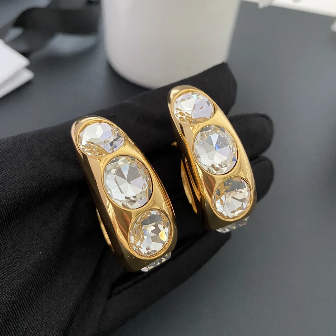 Vintage Designer Gold Plated Large Crystal Ear Clip Earring Woman Top Quality Jewelry Trend