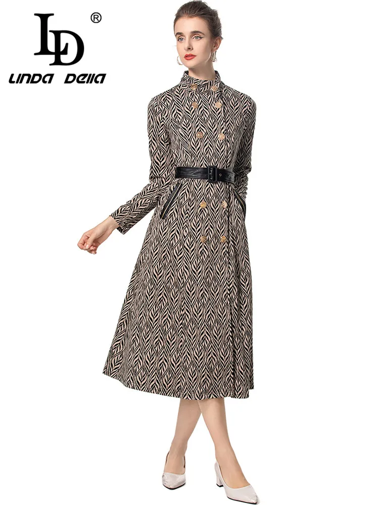 LD LINDA DELLA Autumn and Winter Women's Coat Stand Collar double-Breasted Sashes Slim Fashion Streetwear Overcoat