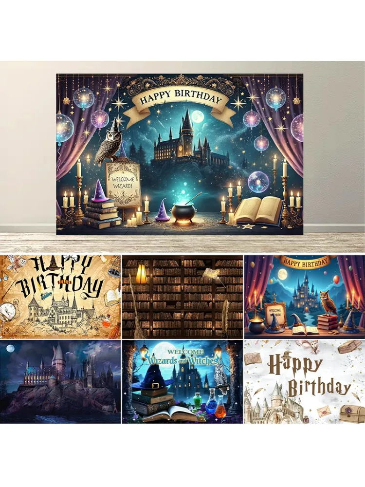Tło z napisem Happy Birthday dla czarodzieja, dekoracje na przyjęcie czarodzieja, magiczne dekoracje urodzinowe, tło do dekoracji pokoju — zdjęcie produktu 7