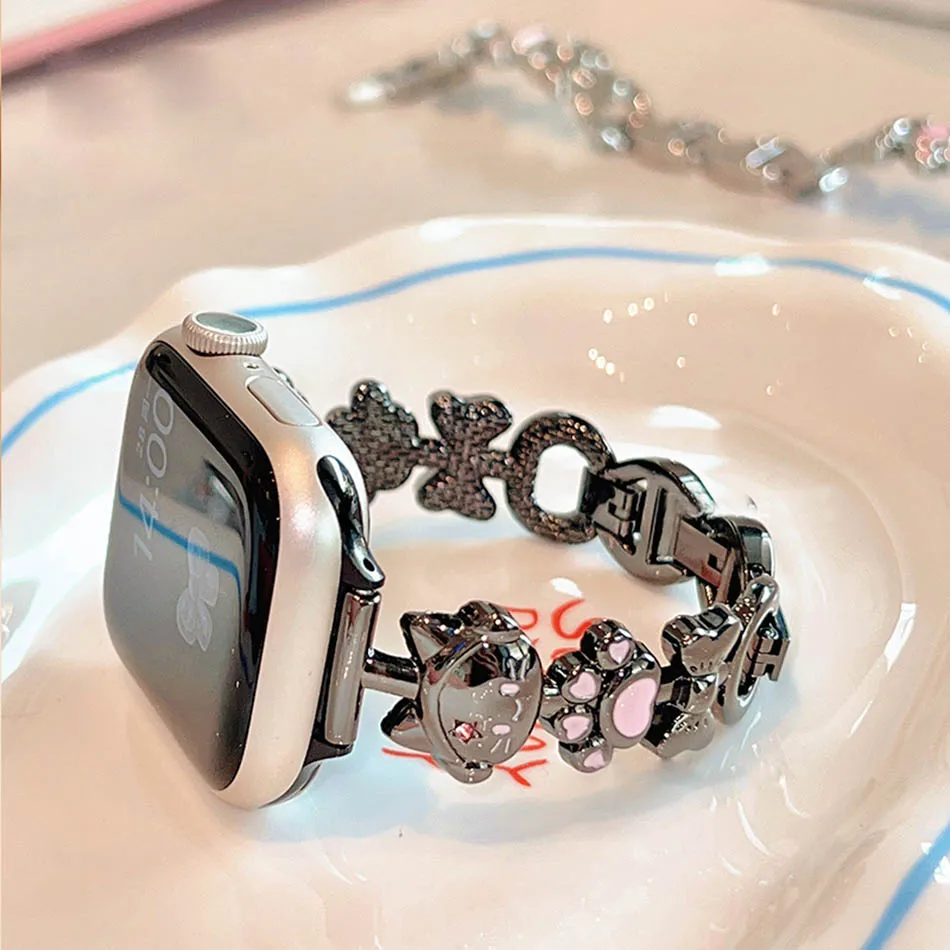 Music Cat Pink Diamond Strap for Apple Watch 38 40 41 42 44 45 46 49 mm Band Iwatch Series 10 9 8 7 6 5 4 3 2 SE Ultra Bracelet