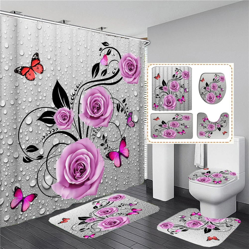 3D Butterfly Flower Fabric Waterproof Shower Curtain Bathroom Curtains Set Blue Pink Rose Non-Slip Rug Toilet Lid Cover Bath Mat