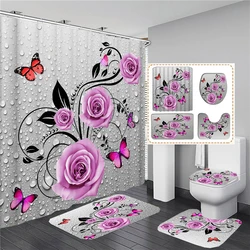 3D Butterfly Flower Fabric Waterproof Shower Curtain Bathroom Curtains Set Blue Pink Rose Non-Slip Rug Toilet Lid Cover Bath Mat