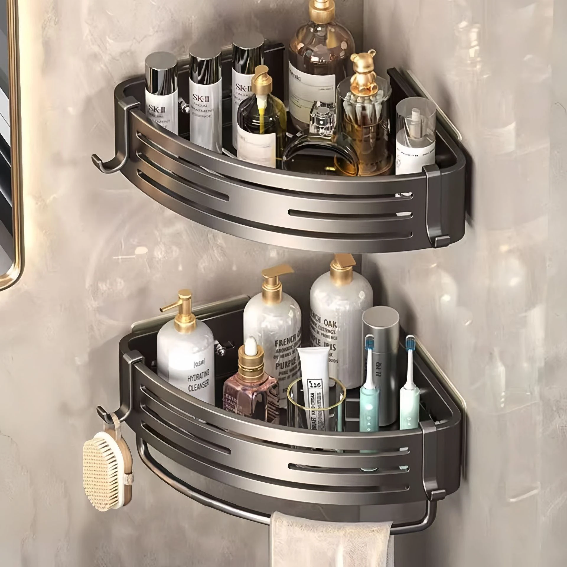 ایڈہیسوایٹنگ یا سوراخ کرنے والا کونر شاور کری، اپ گریڈ شدہ، زنگ سے بچاؤ، ایرومینیم، کشادہ باتھروم آرگنائزر، میٹ بلیک فینش کے ساتھ