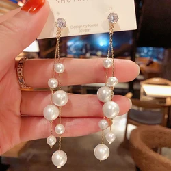 Korean Jewelry Elegant Simulated Pearls Long Dangle Earrings For Women Vintage White Round Pearl Wedding Earrings Gift