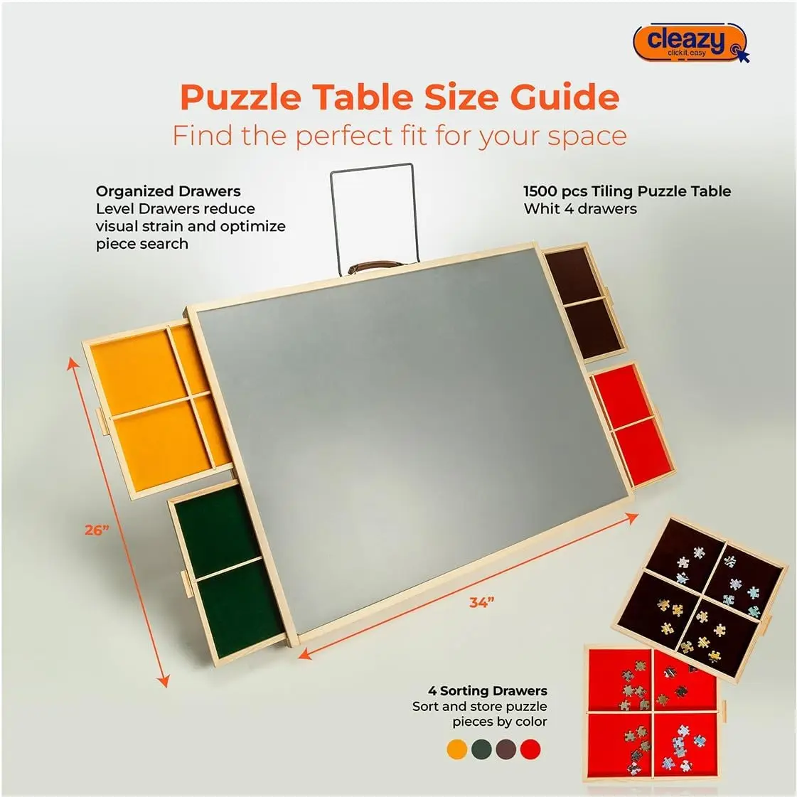 1500-teiliger Holzpuzzeltisch – einzigartige 3-in-1-Neigung und 360° °   Lazy Susan Rotation, 4 Schubladen, LED-Lampe, tragbares Design mit Abdeckung