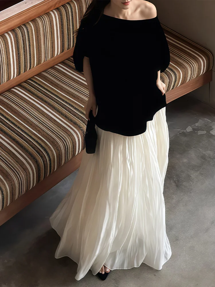 

Korean Style High Waist Pleated Texture Maxi Skirt Women's Summer Flowing Drape Slimming A-Line Midi Skirt Casual Wear