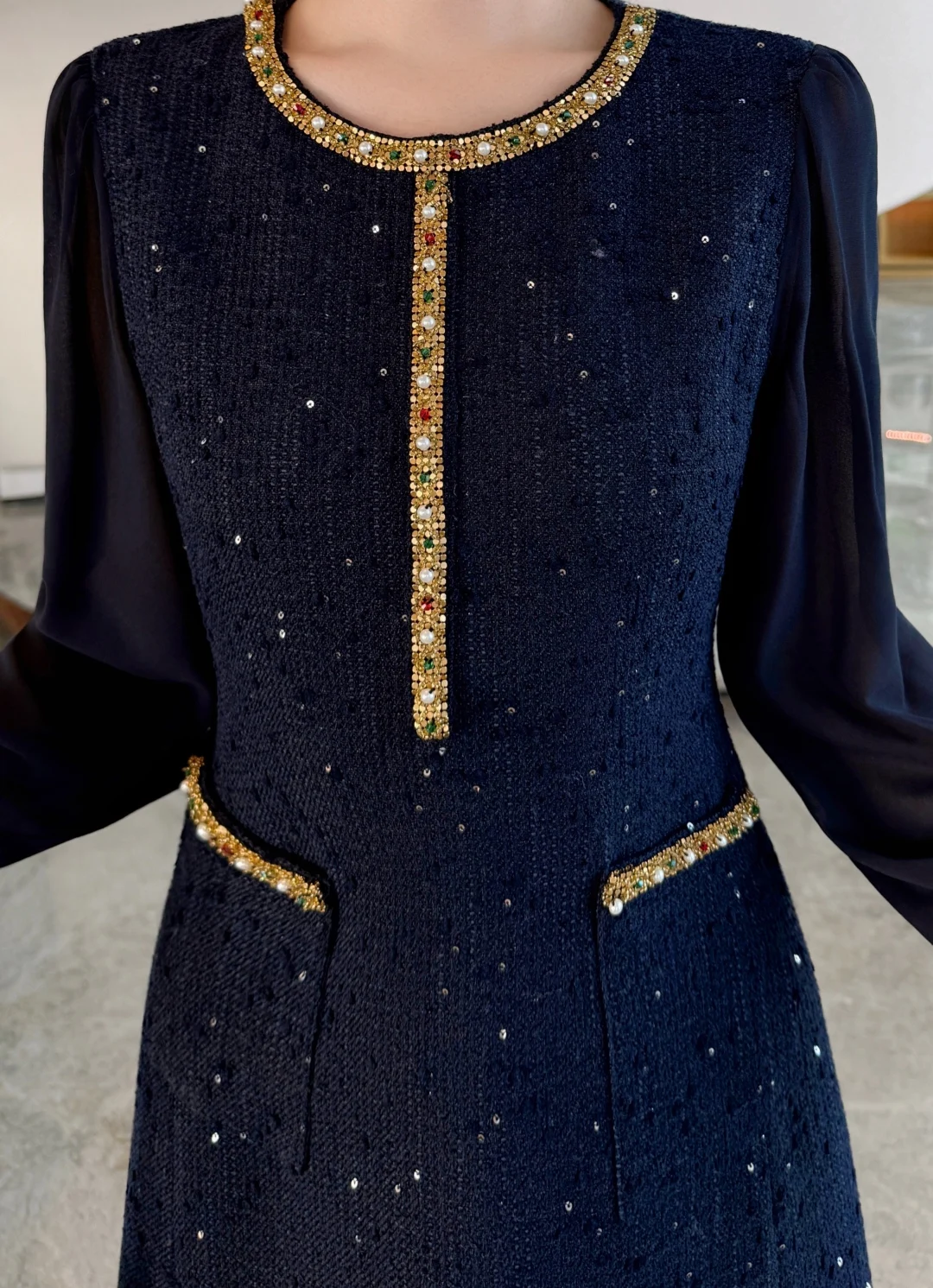 ZJYT diseñador moda mujer rebordear Tweed vestido de lana Otoño Invierno nueva manga larga Vintage Casual fiesta vestidos cortos rojo