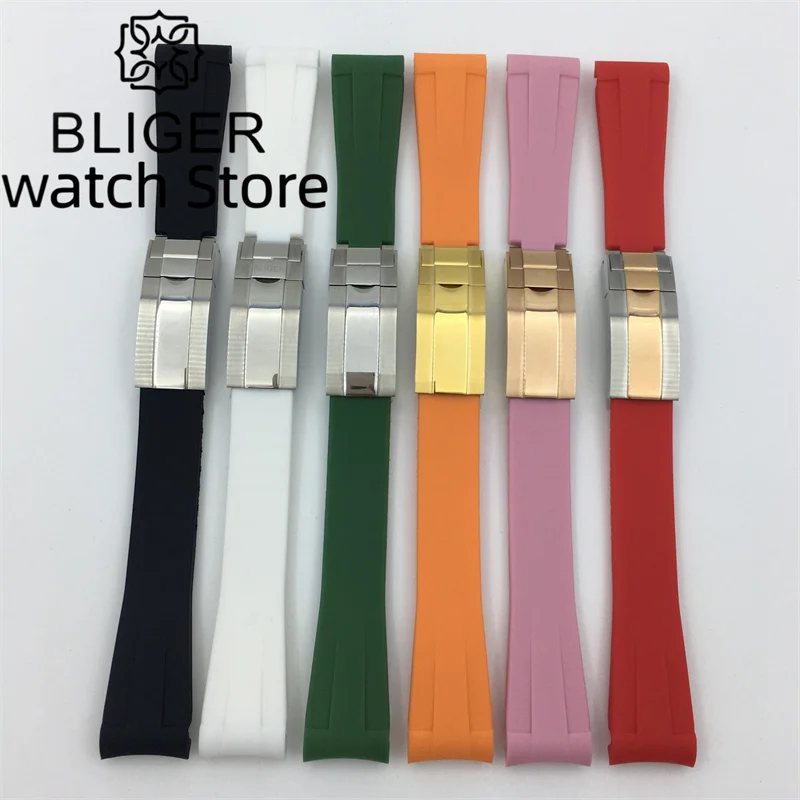 20mm Curved Rubber Watchband Black Blue Green White Red Pink Orange Rubber Strap Stainless steel folding buckle