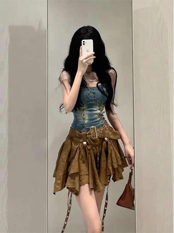 Spicy Girl Asymmetrical Pleated  Skirt Women's Summer New Vintage Wasteland Style Sash Heavy Short Skirts Korean Style Hi...