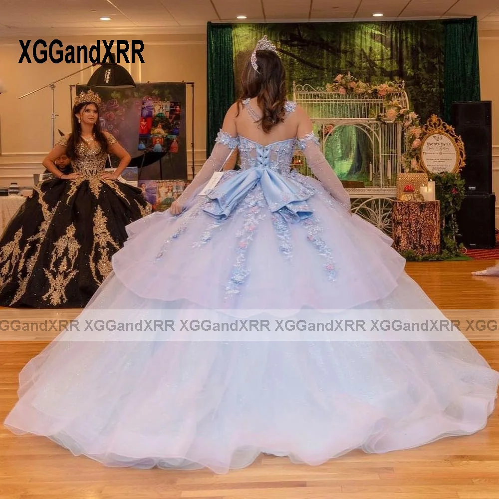 Vestido De baile De manga larga para quinceañera, traje azul claro, capa Floral 3D, México dulce 16, 15 Años De cumpleaños, 2024