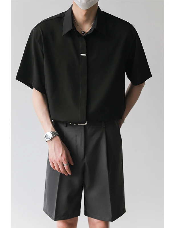 

Summer Mens Loose Fit ort Sve irt Drapey f Sve Iron Free Pure Color Casual Faion Stand Edition oulder Pad