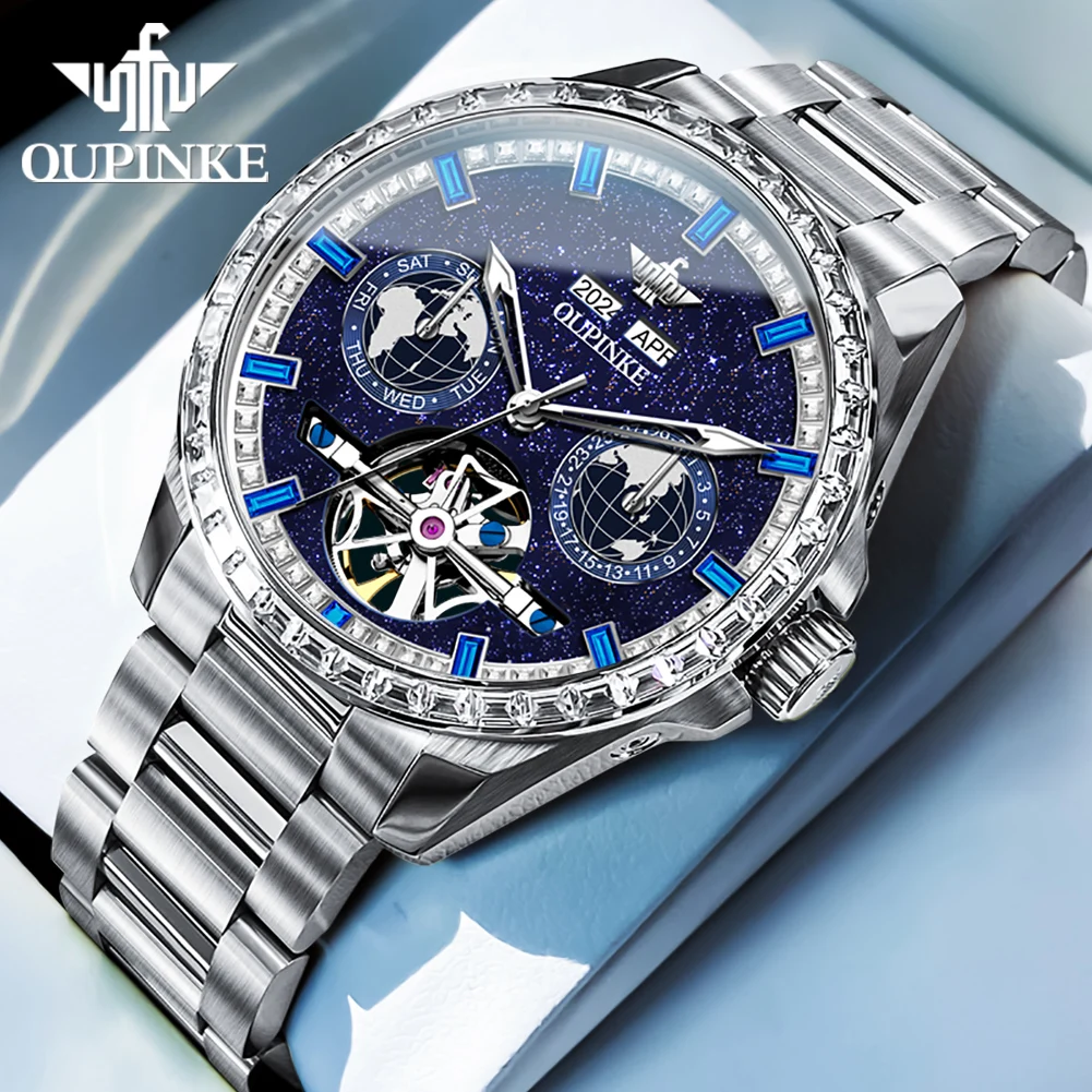 OUPINKE 3280 Gold Luxus Herrenuhren Diamant Zifferblatt Wasserdichte Automatische Mechanische Armbanduhr Skeleton Leuchtdatum Markenuhr 7