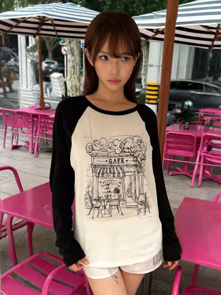 Tonngirls Y2k Ästhetisches T-Shirt für Damen, Patchwork, Langarm, Bedruckte Grafik-Oberteile, Amerikanisches Retro-Vintage-Oberteil, Streetwear-T-Shirt – Detail 5