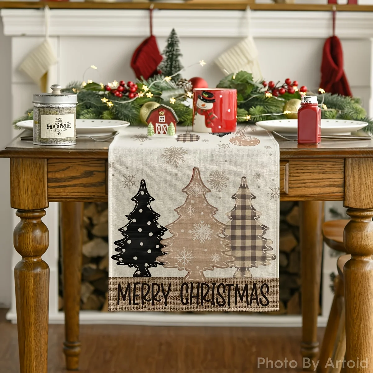 مفرش طاولة على شكل ندفة الثلج باللونين البيج والأبيض - بوليستر شتوي من خشب الصنوبر، سهل التنظيف، طعام عيد الميلاد وديكور بلاد العجائب الشتوي #3