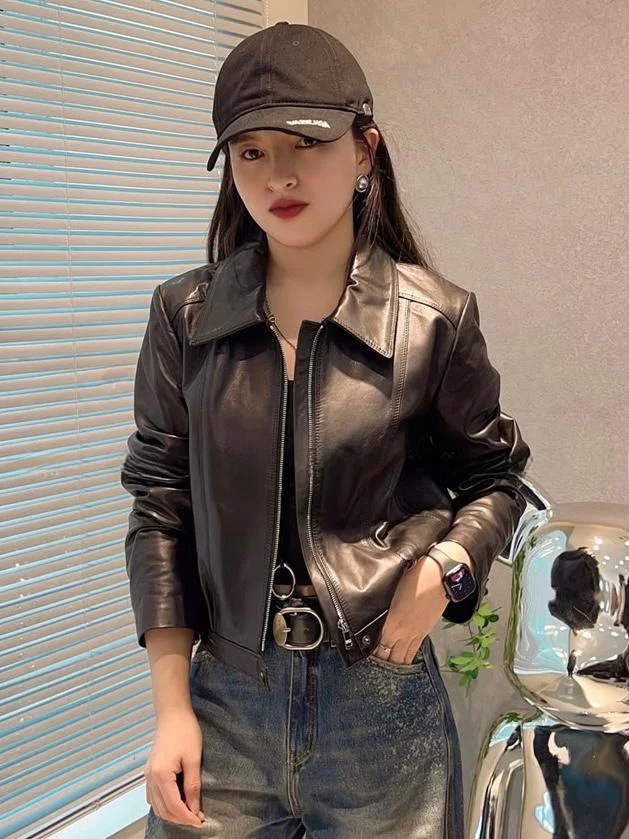 

Trendy Women's Genuine Leather Jaet Motorcycle Zipper Collar Slimming Sli Anti-Aging ort Outerwear Faionable Top