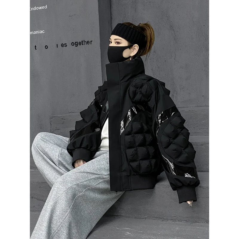 Winter Stand-up Collar Silhouette Version of The Women's Down Jacket Stereo Embossed Pineapple Pattern Tide Couples Clothing