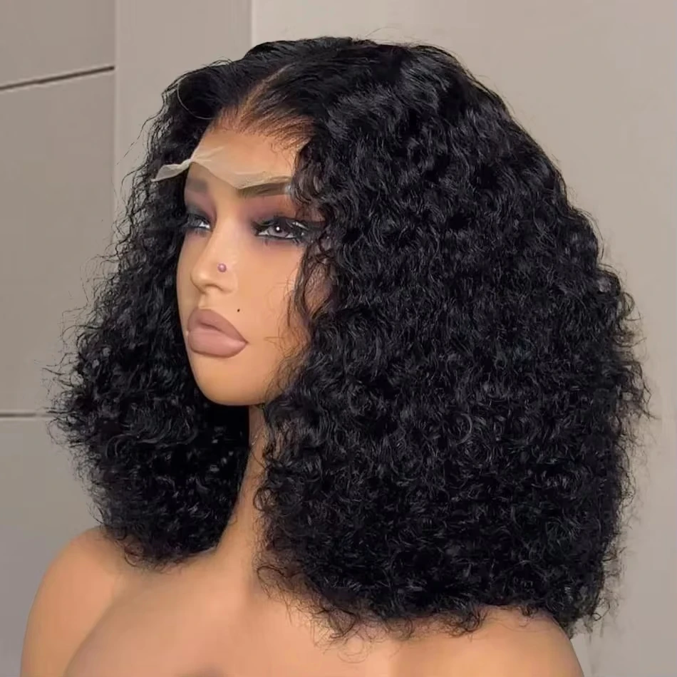 8-16 Inch Bob Curly Human Hair Wigs 13x4 HD Lace Frontal Wig Bouncy Deep Wave Texture Natural Black Human Hair Wigs Pre Plucked Bangs For Daily Wear