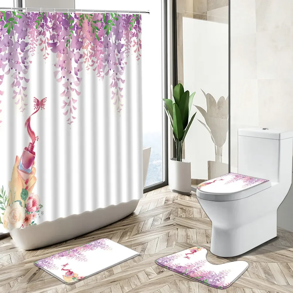 Purple Flower Rattan Plant Scenery Shower Curtain Spring Floral Non-Slip Rug Toilet Cover Bath Mat Home Girl Bathroom Decor Set