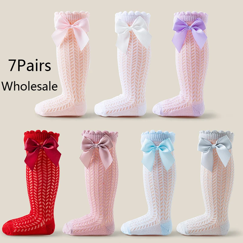 7 Paar Großhandel Kinder dünne Strümpfe Frühling Baby Mädchen Kleinkind Kleidung Stretch Schleife Spitzensocken für Sommer Mädchen Socken
