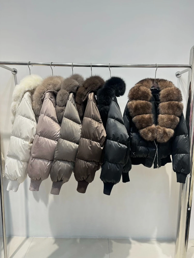 Elegante collo in pelliccia di volpe naturale invernale in vera pelliccia calda piumino d'anatra bianco spesso piumino corto capispalla piumino da donna