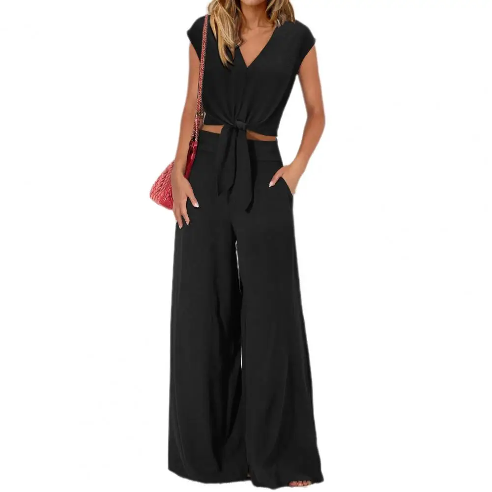 V-neck Crop Top Wide Leg Pants Set Women's V-neck Lace-up Top Wide Leg Pants Set Loose Fit Suit with Short Sleeve for Ladies