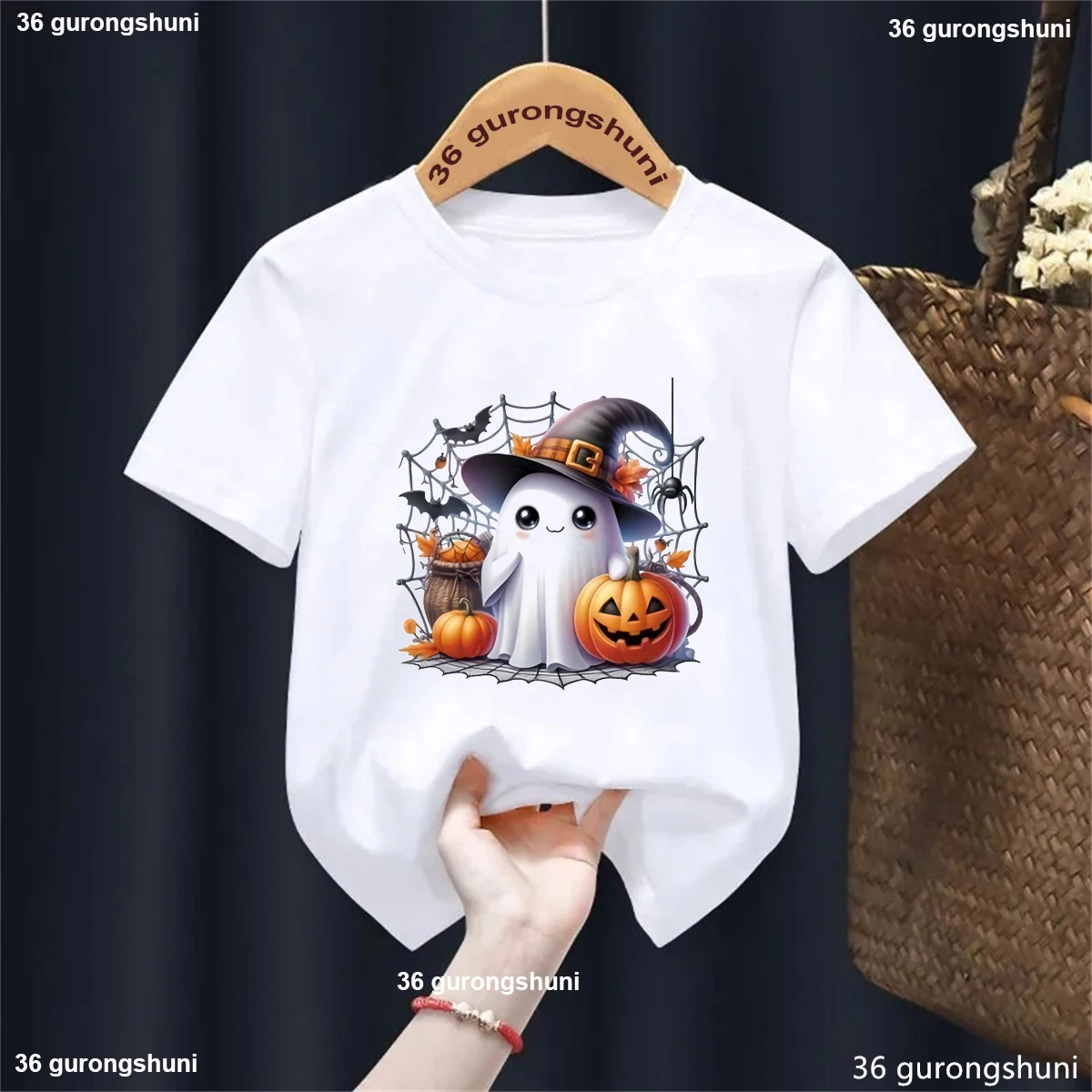 

Boo Pumpkin Bat Printed Tshirt Girls/Boys Funny Halloween Kids Clothes White/Pink/Blue/Gray T Shirt Children'S Clothing T-Shirt