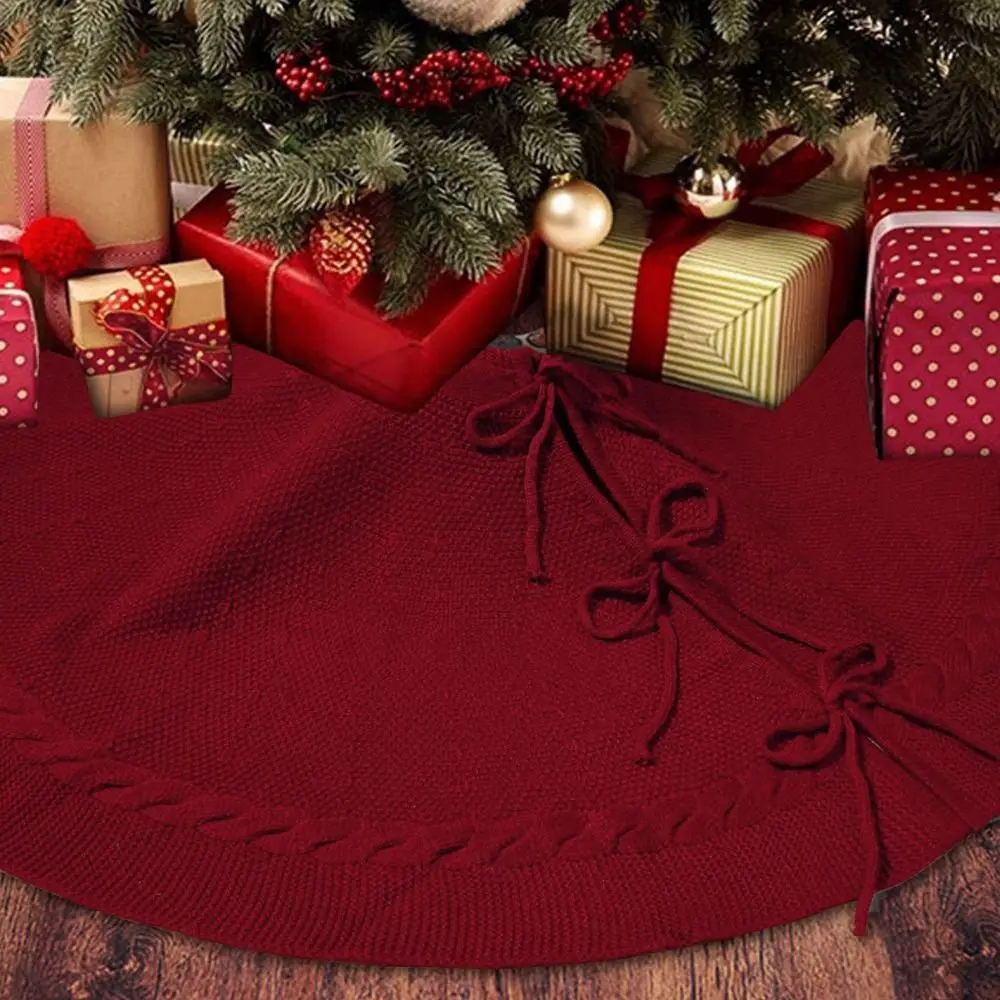 Large Size Knitted Christmas Tree Skirt White/Red Polyester Christmas Tree Mat Round Christmas Tree Carpet Shopping Mall