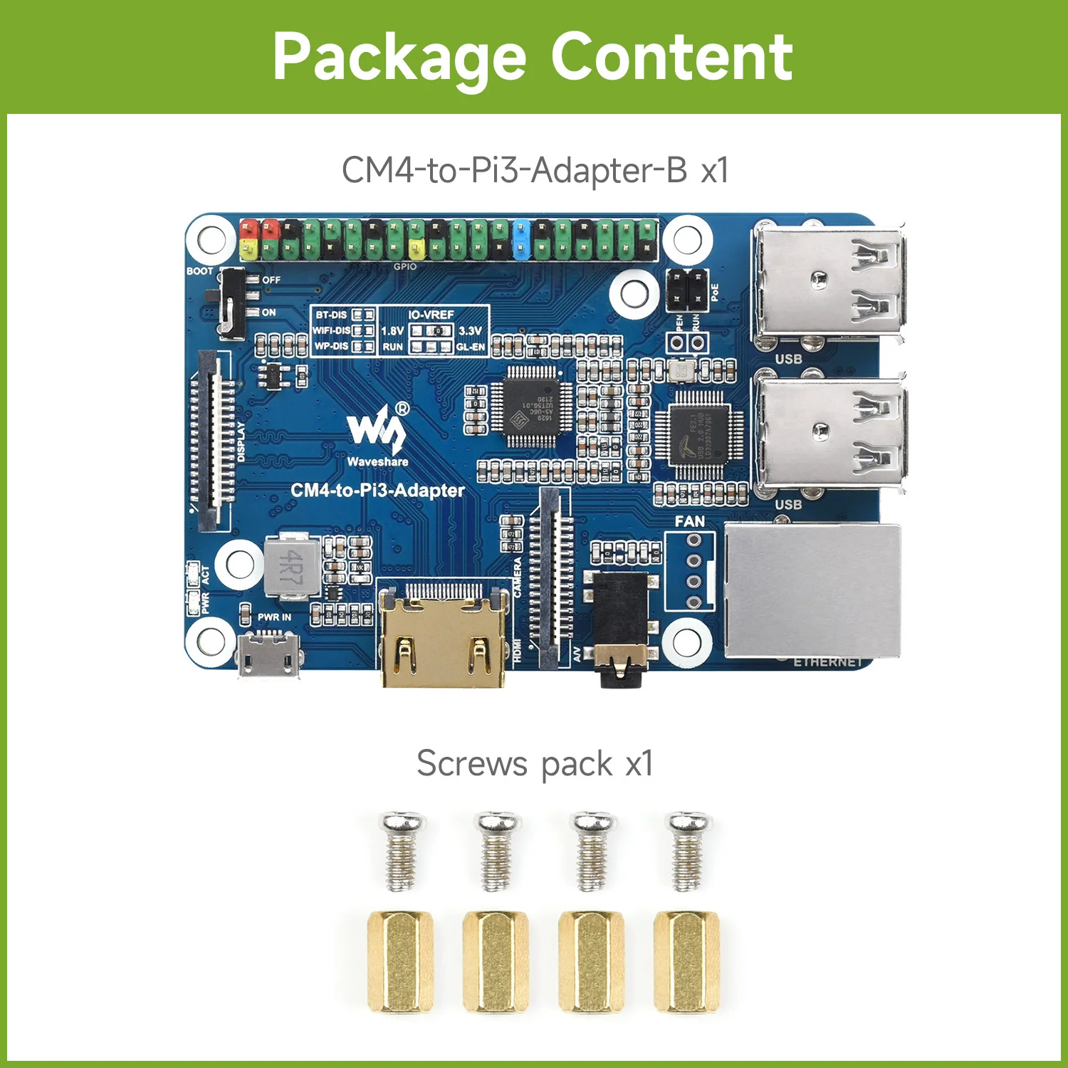 Picture 7: Wavehshare Raspberry Pi CM4 To 3B Adapter B version, Carrier Board IO Board Alternative Solution for Raspberry Pi 3 Model B/B+