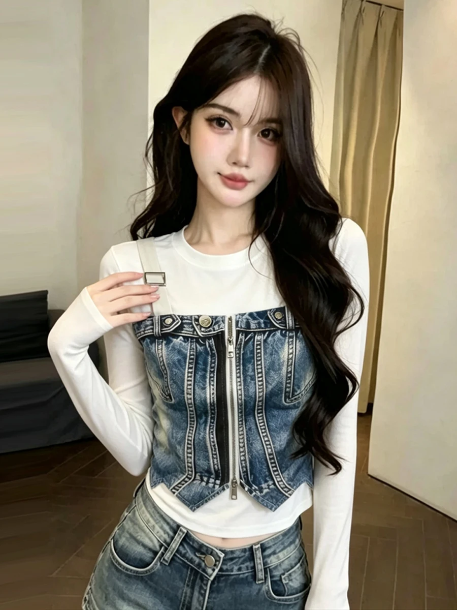 Tie Dye Denim Patchwork round Neck Long Sleeve Slim Fit Straight Leg Single Wear T Shirt Sexy American Style for Young Women