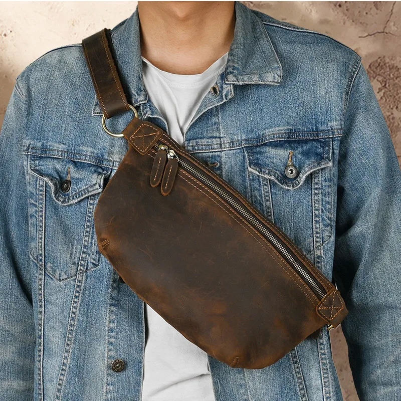 Men Genuine Leather Waist Bag Male Leather Chest Bags Vintage Fanny Packs Men's Crazy Horse Leather Sling Messenger Shoulder bag