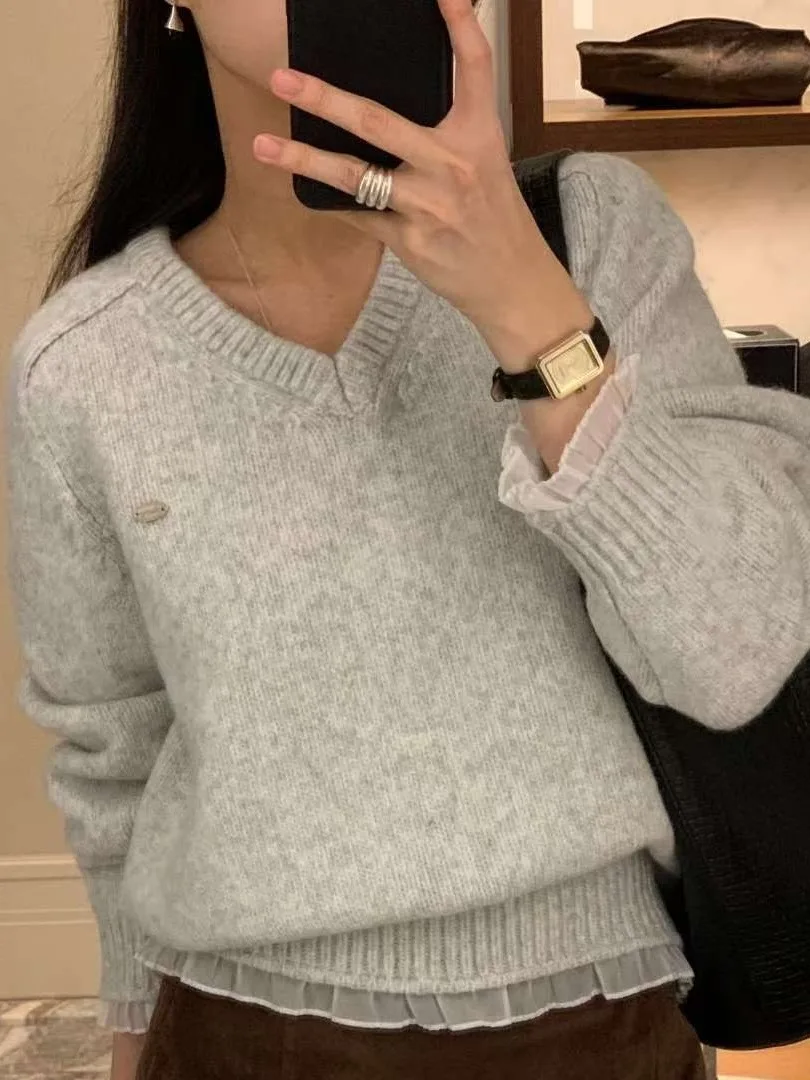 أنيقة الدانتيل تقليم متماسكة سترة V-Ne المرأة الحلو تنوعا تصميم أعلى لطيف لينة الشتاء Faion عارضة شيك Sle