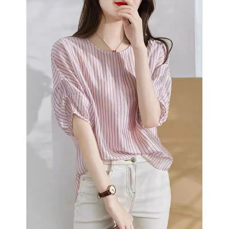 Loose Summer Women Blouse New High-quality Puff Sleeve Striped O-collar Casual All-match Lady Pullover Chiffon Shirt 2023