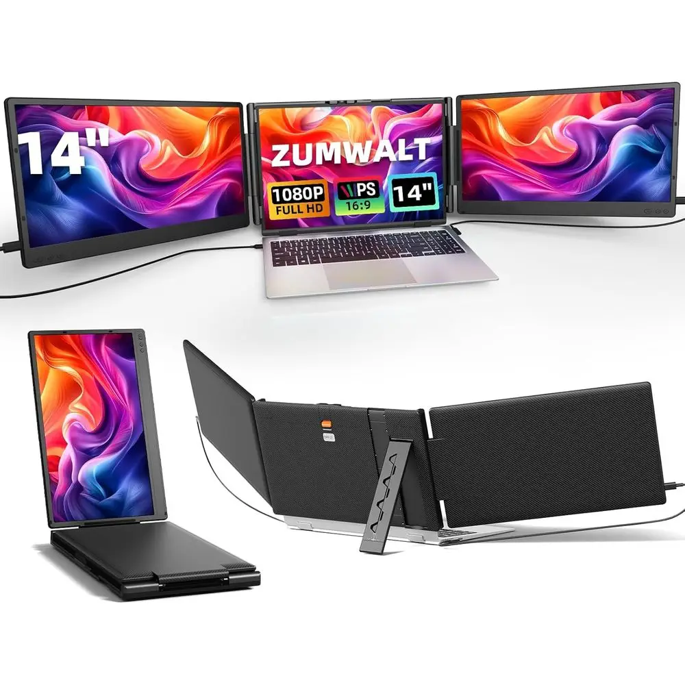 14 Triple Screen Laptop Extender, 1080P HD Portable Monitor, Compatible with OS/Windows/Chrome, Built-in Speakers