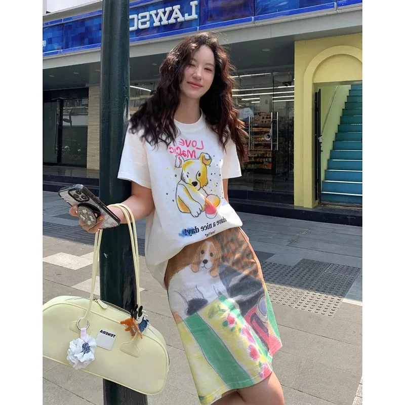 

Cartoon Dog Print Mini Skirt Women Spring Summer High Waist Slim All Match Short Skirts Japanese Street Fashion Faldas