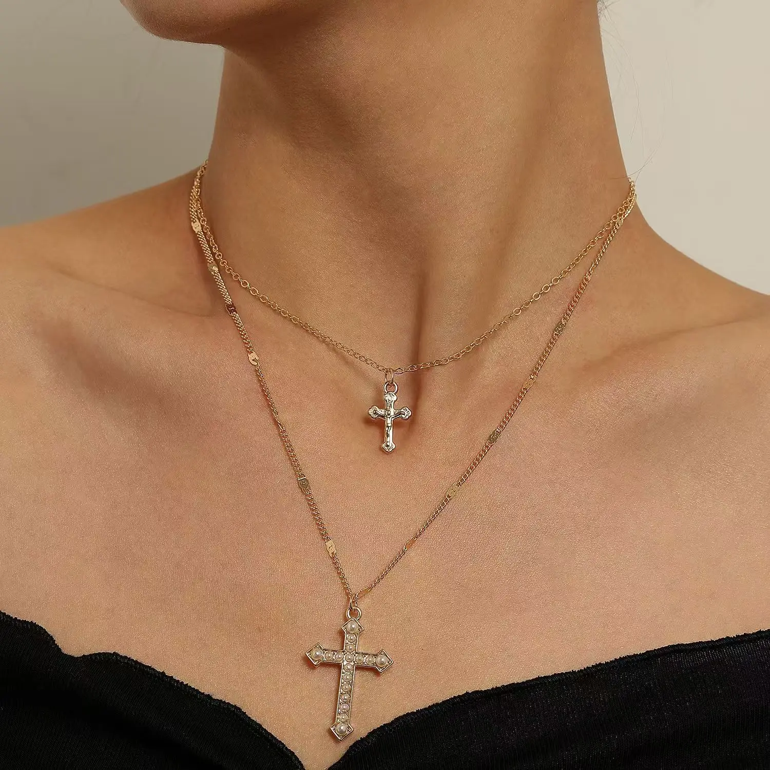

Fashion Pearl Cross Pendant Double layer Necklace Women and Girls Punk Party Jewelry