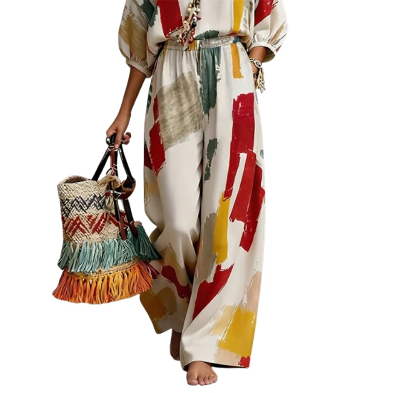 Yeezzi Women's Trendy Contrast Color Printed Palazzo Trousers 2026 New High Waisted Wide Leg Casual Vacation Matching Pants