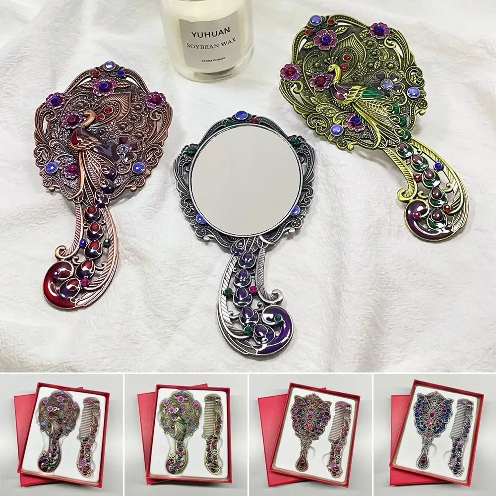 Peacock Open Screen Retro Small Mirror with Metal Handle Handheld Makeup Mirrors Comb Set Portable Vintage