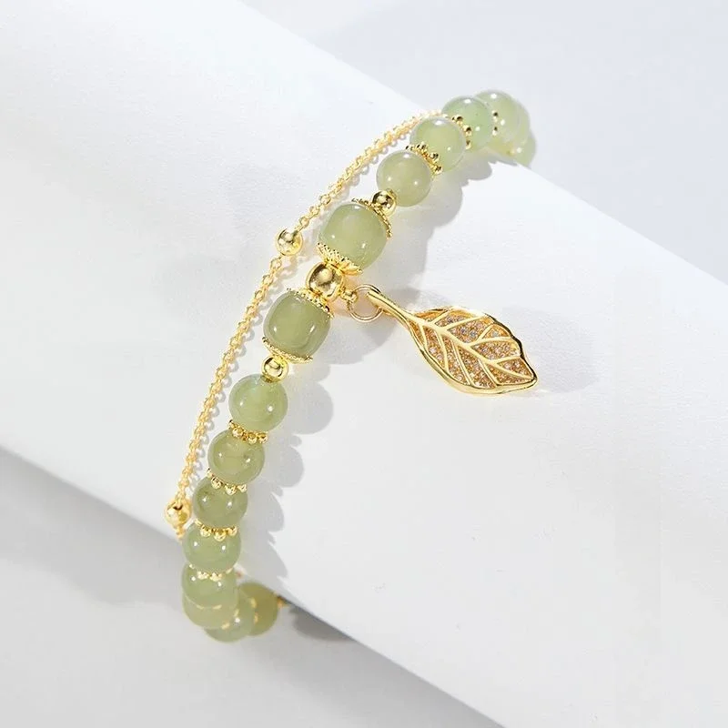 Natürliche Hetian Jaspis Goldene Zweig Jade Blätter Armbänder Für Frauen Luxus Doppel Schicht Perlen Armband Party Hochzeit Schmuck Geschenk