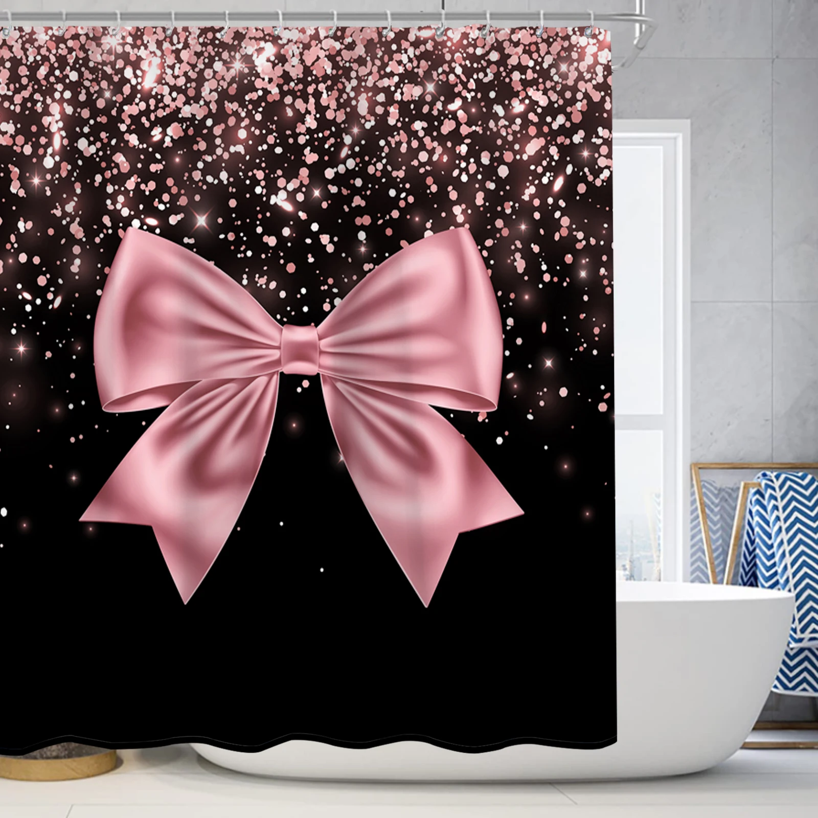 Bow glitter print (no sequins) shower curtain modern scandinavian minimalist polyester home décor bathroom curtain with hooks