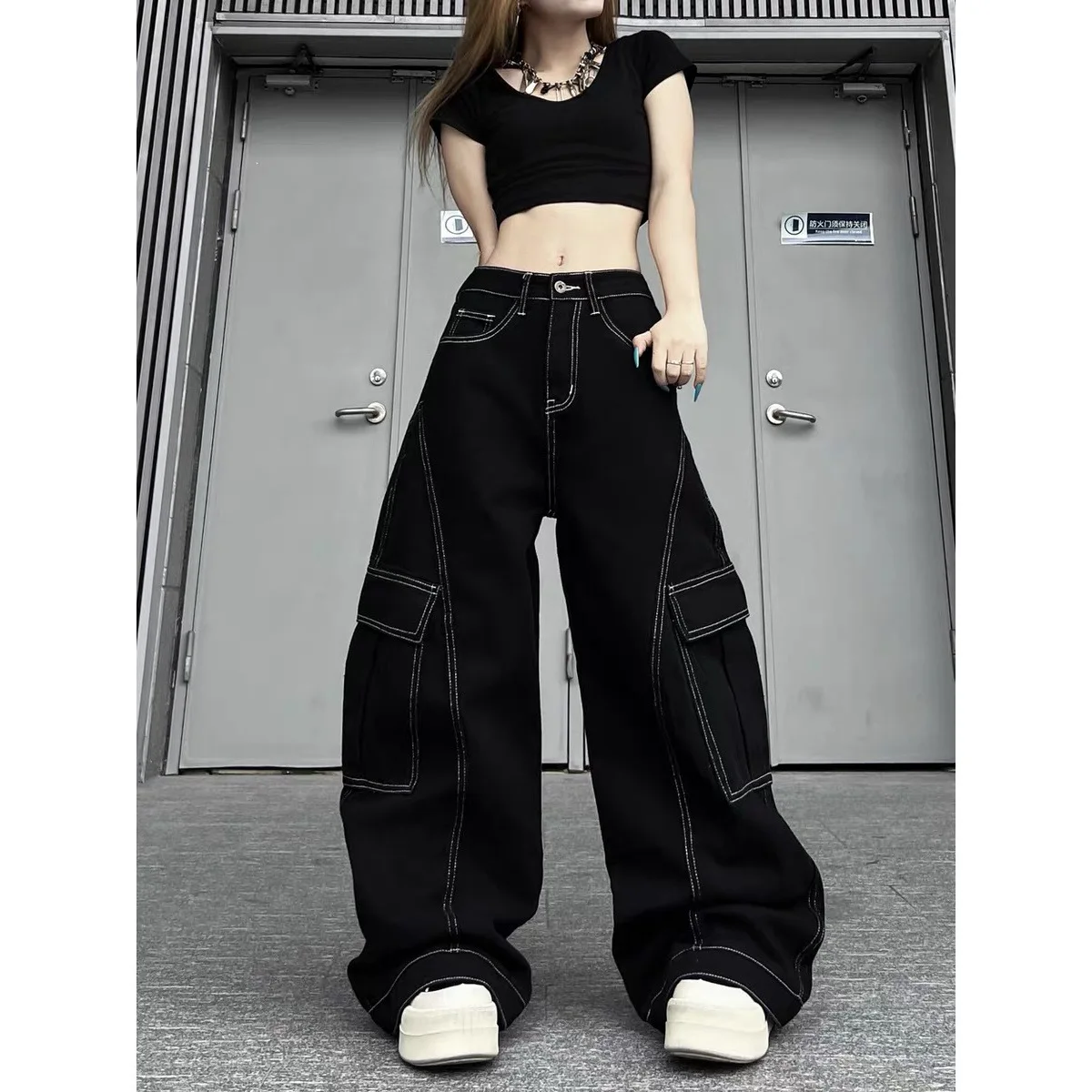 Women American Retro Dopamine Multi Pocket Cargo Wide Leg Pants, Street Casual