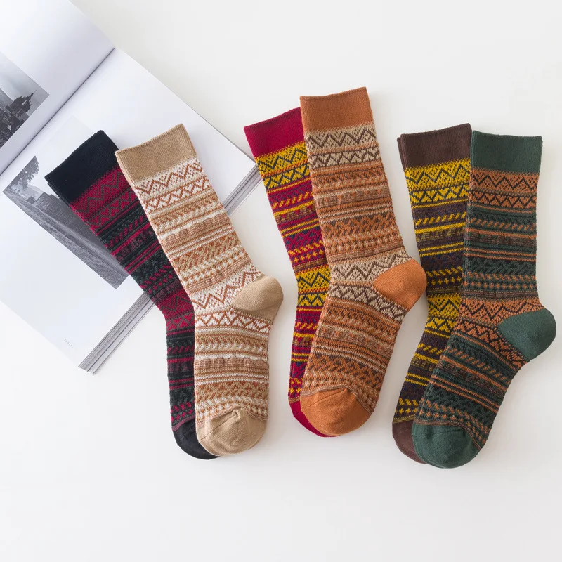 3Pairs Mid-Calf Cotton Socks for Women Autumn/Winter Ins Style Japanese Ethnic Wind Pile Socks Retro Thick Long Socks