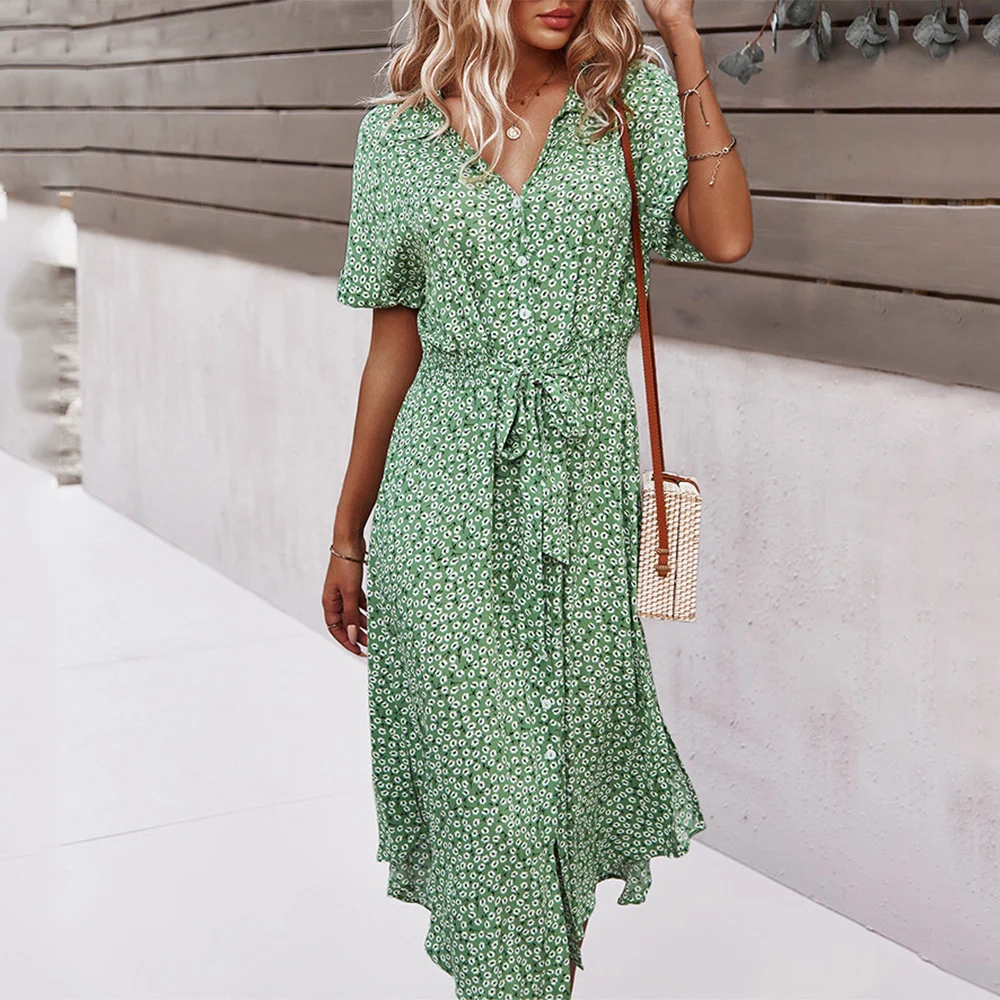 Abito longuette floreale da donna Casual manica corta con bottoni Abiti da vacanza 2023 Estate femminile con scollo a V Beach Boho Lace up Elegante abito